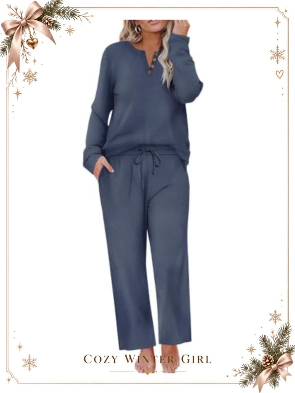 Waffle Knit 2-Piece Sweatsuit Set Crew Neck Button Top Elastic Waist Pants